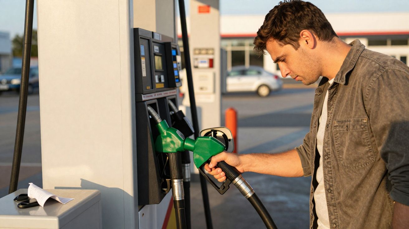 Homem com camisa castanha a abastecer carro numa bomba de gasolina num posto de combustível.