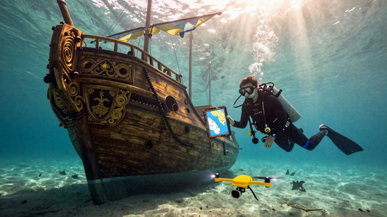 Mergulhador analisa mapa junto a navio afundado, com drone submarino iluminando o fundo do mar.