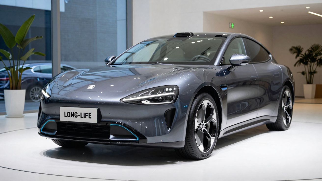 Carro desportivo elétrico cinza metálico em exposição numa sala com plantas ao fundo.