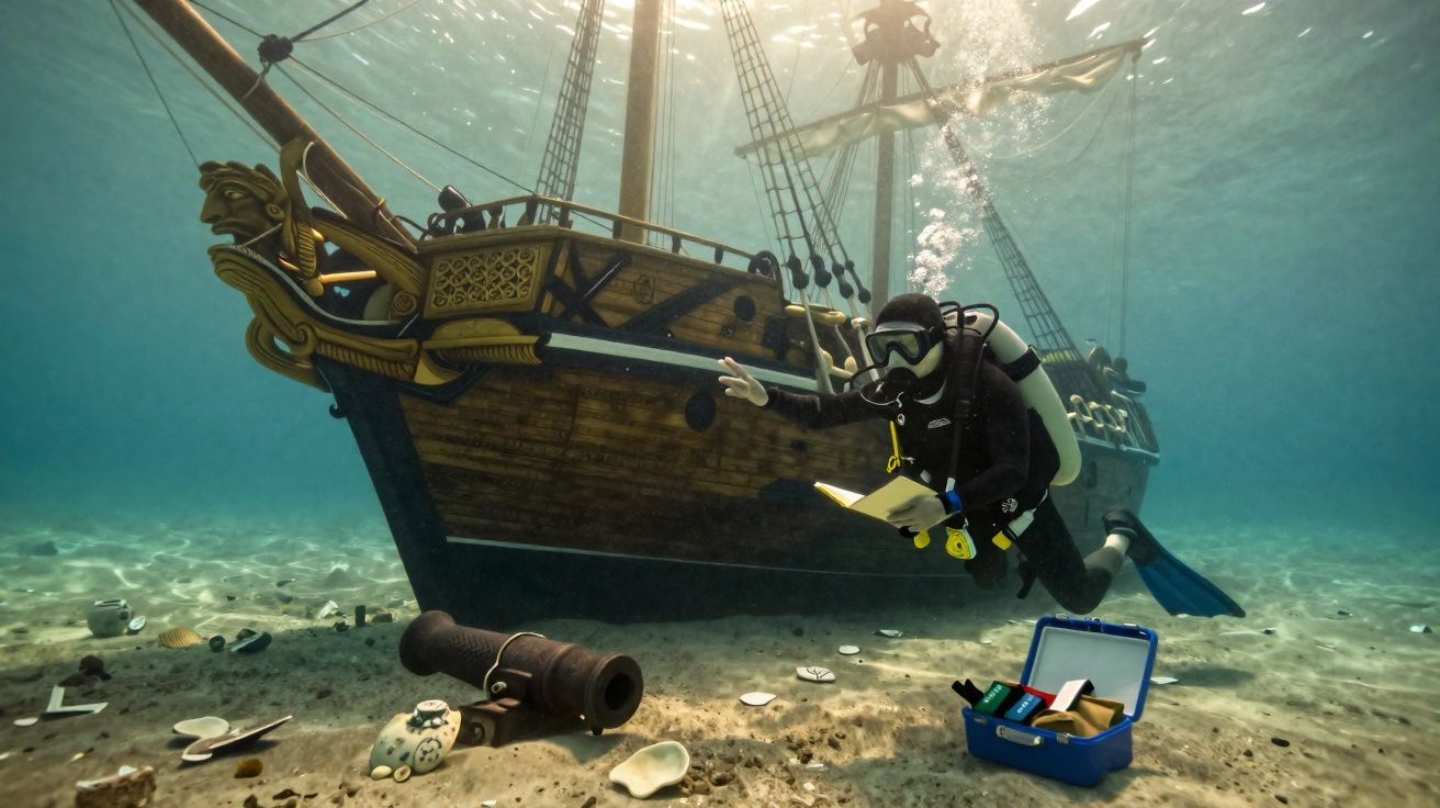 Mergulhador examina relíquias submarinas perto de navio pirata naufragado, com canhão e baú aberto no fundo do mar.