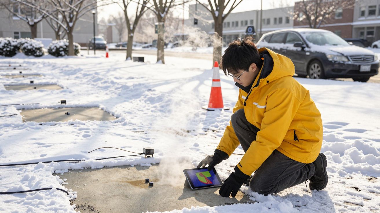 Pessoa com casaco amarelo utiliza tablet junto a placas de gelo e neve num ambiente urbano durante o dia.