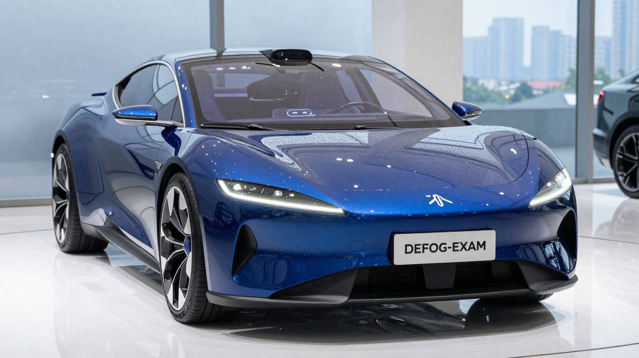 Carro elétrico desportivo azul metalizado numa exposição com chão branco e vidro ao fundo.