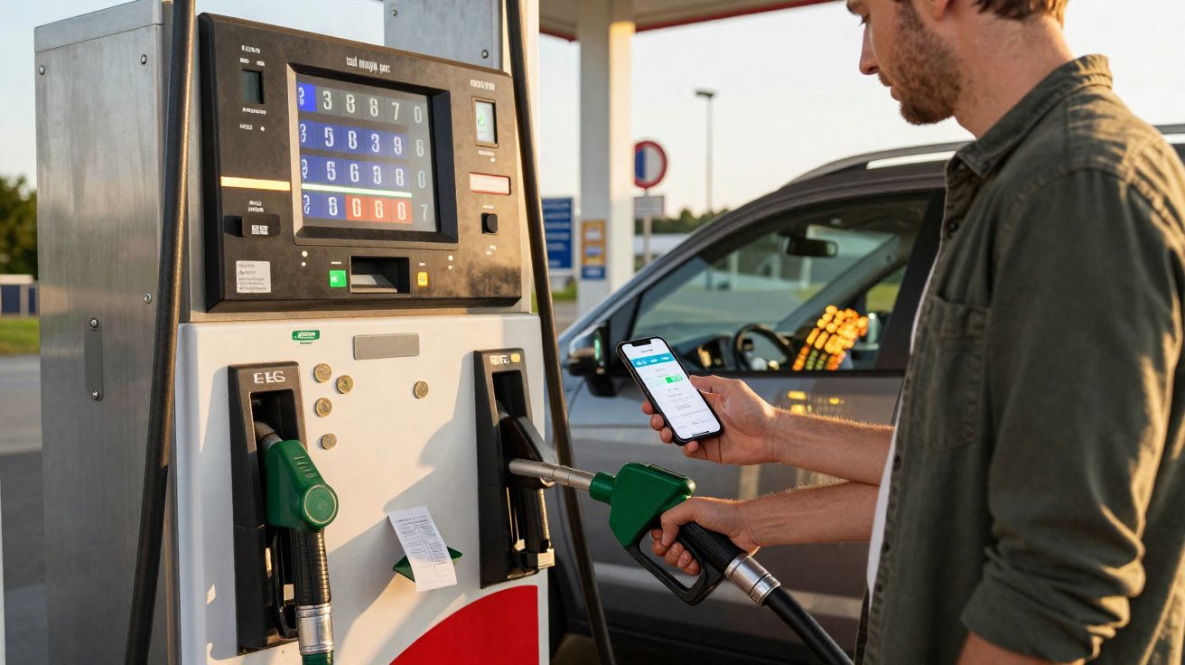 Homem a abastecer carro com gasolina enquanto consulta telemóvel numa bomba de combustível.