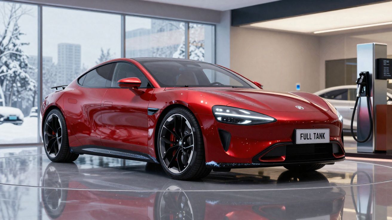 Carro desportivo vermelho brilhante com luzes LED ligado a posto de carregamento eléctrico em sala moderna.