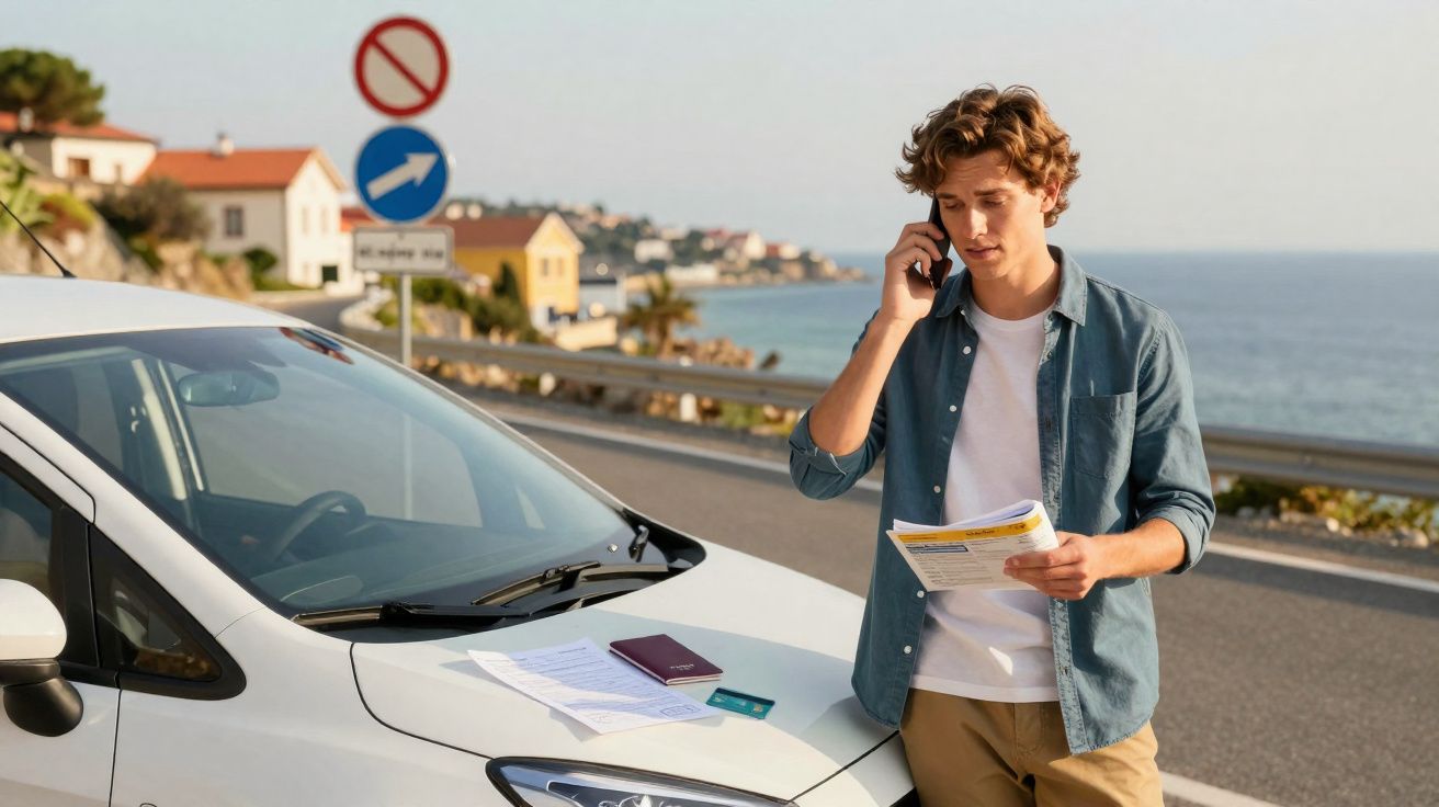 Homem jovem a telefonar junto a carro avariado numa estrada costeira com documentos em cima do capot.