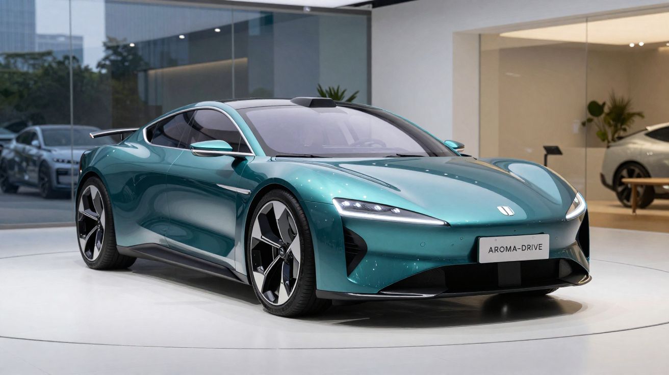 Carro desportivo elétrico verde num showroom moderno, com design aerodinâmico e jantes grandes.