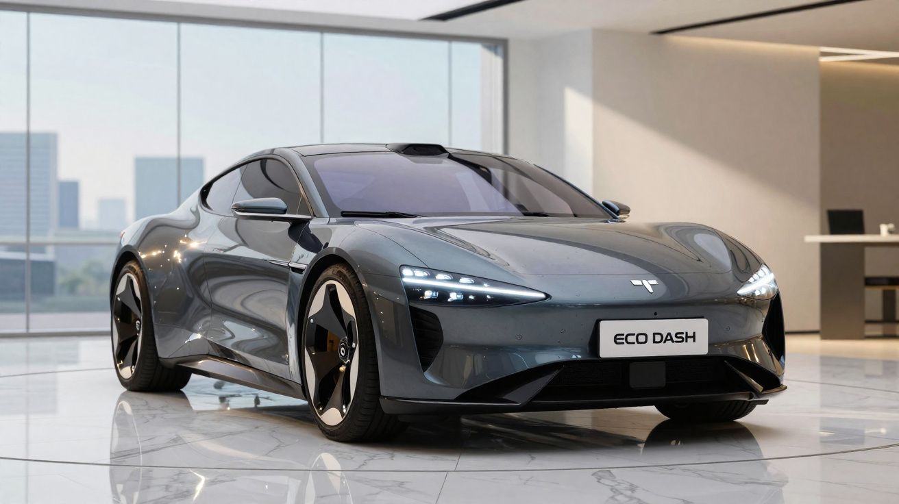 Carro elétrico cinzento Eco Dash estacionado num espaço interior moderno com grandes janelas.