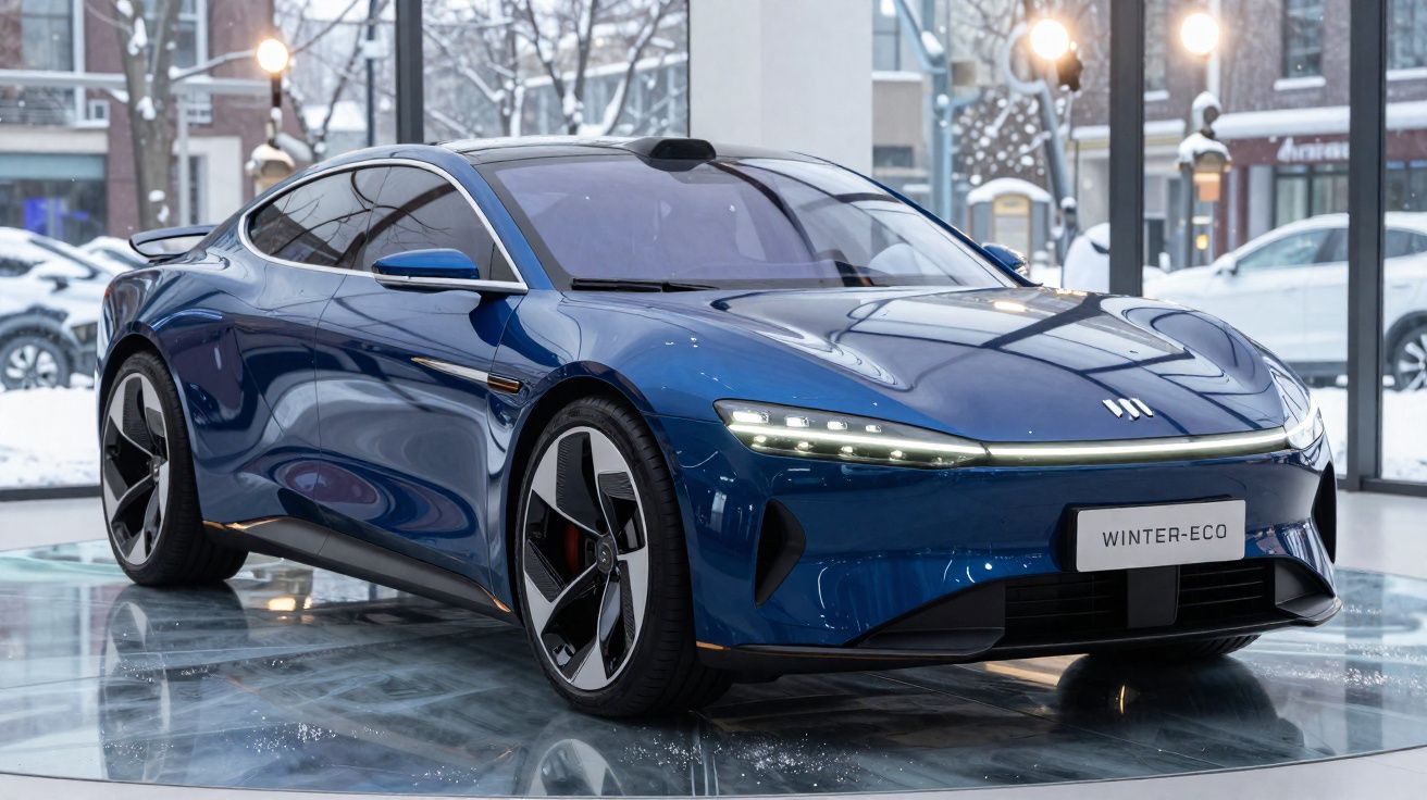 Automóvel desportivo azul Winter-Eco exposto em espaço interior com chão espelhado e detalhes modernos.