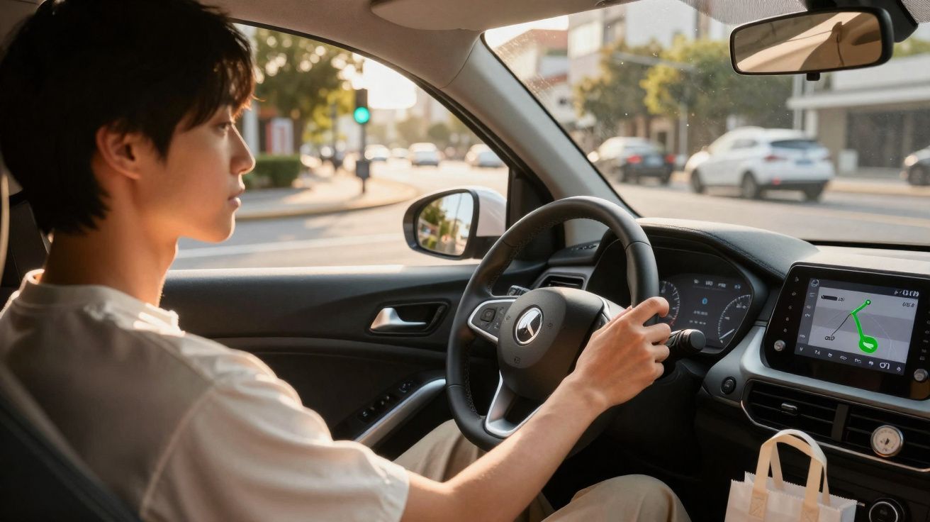 Jovem a conduzir um automóvel com navegação GPS visível no ecrã do painel interior.