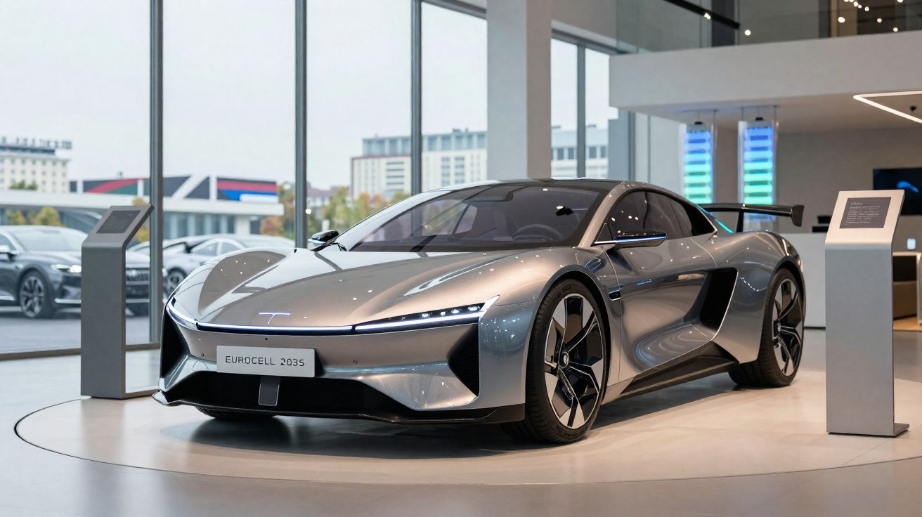 Carro desportivo elétrico cinzento Eurocell 2035 em exposição numa sala moderna com janelas grandes.