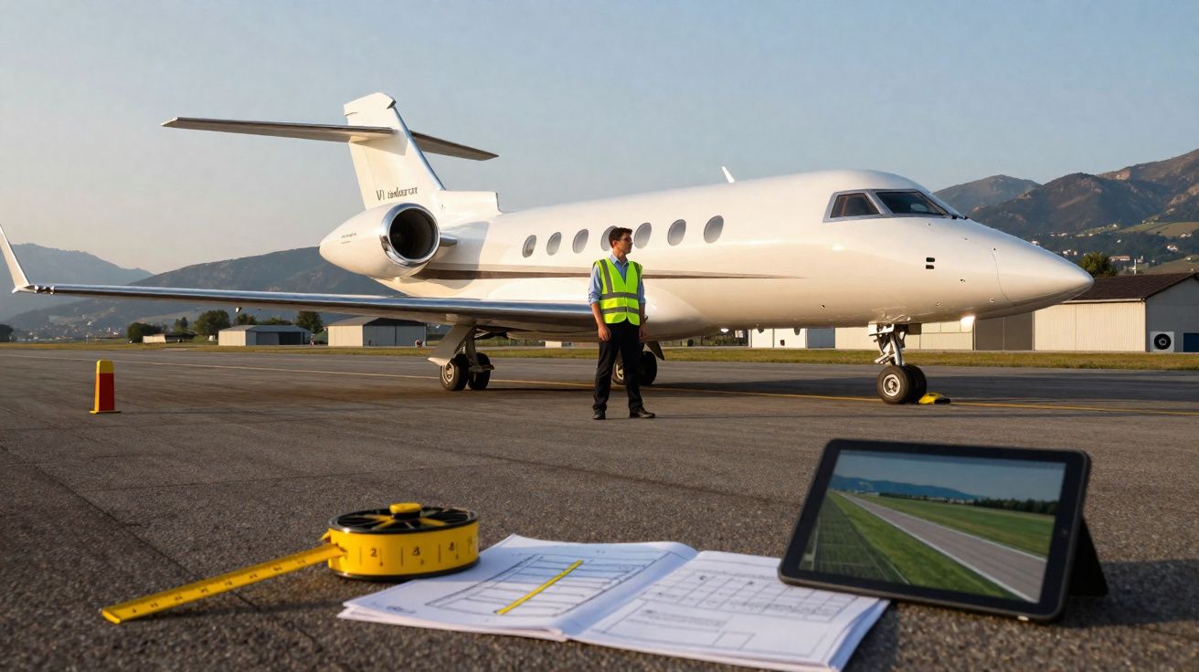 Avião privado estacionado em pista com técnico em colete refletor e ferramentas de medição no solo.