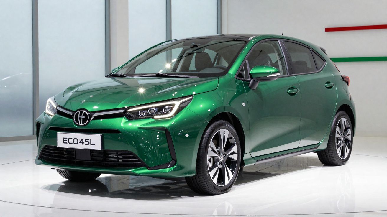 Carro compacto hatchback verde metálico com faróis LED e jantes desportivas, apresentado em stand.