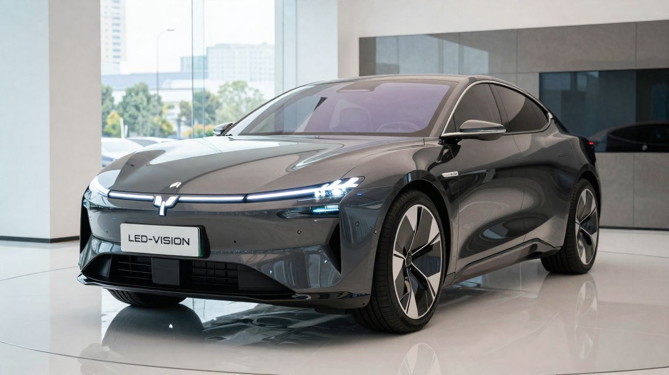 Carro elétrico moderno cinzento exibido em showroom com linhas aerodinâmicas e faróis LED ligados.