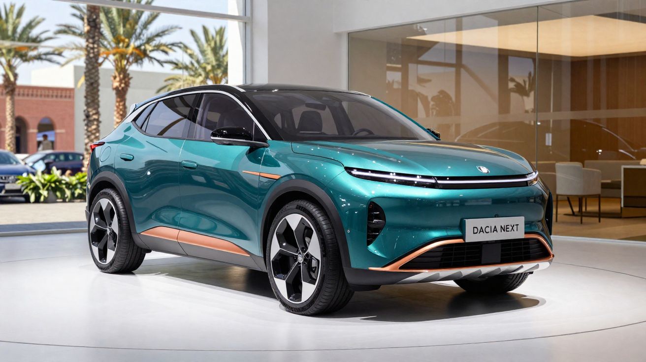Carro elétrico Dacia Next verde metalizado exibido em sala de exposição moderna com janelas amplas.