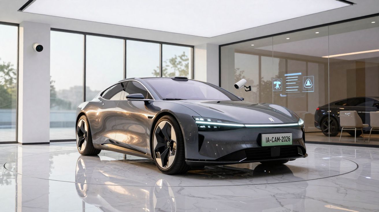 Carro elétrico cinza metálico com design futurista em showroom moderno com piso de mármore.