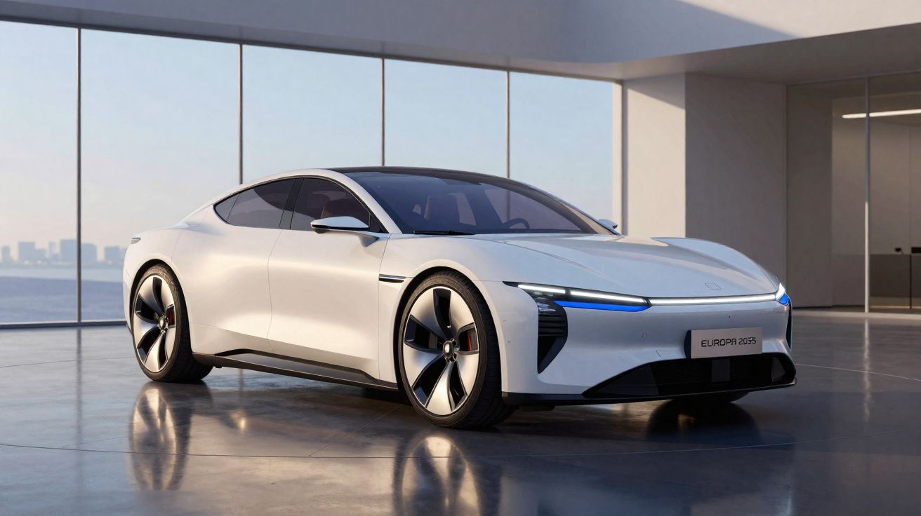 Carro elétrico esportivo branco estacionado em ambiente moderno com janelas amplas e vista panorâmica.