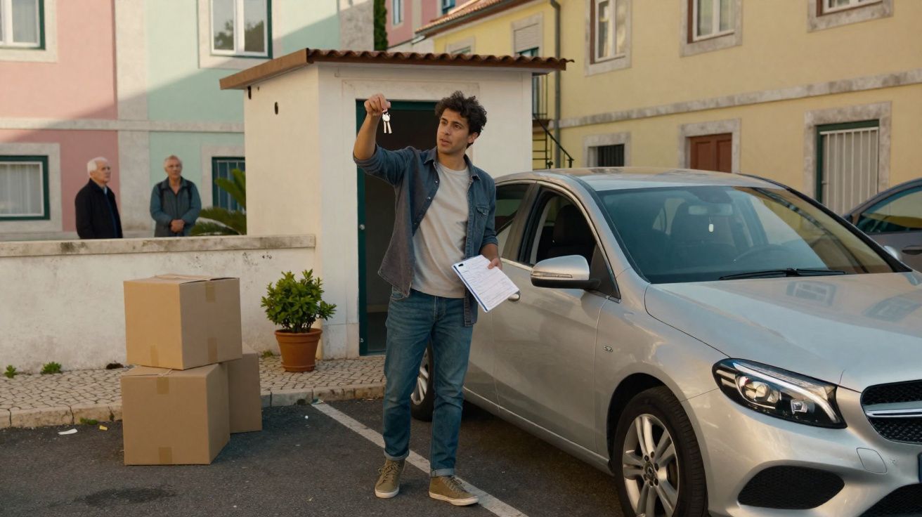 Homem com chaves e documentos ao lado de carro estacionado em rua com caixas e edifícios antigos.