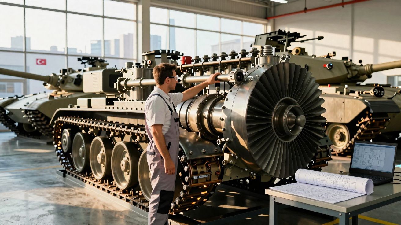 Engenheiro inspeciona turbina montada em chassis de tanque num hangar com tanques ao fundo.