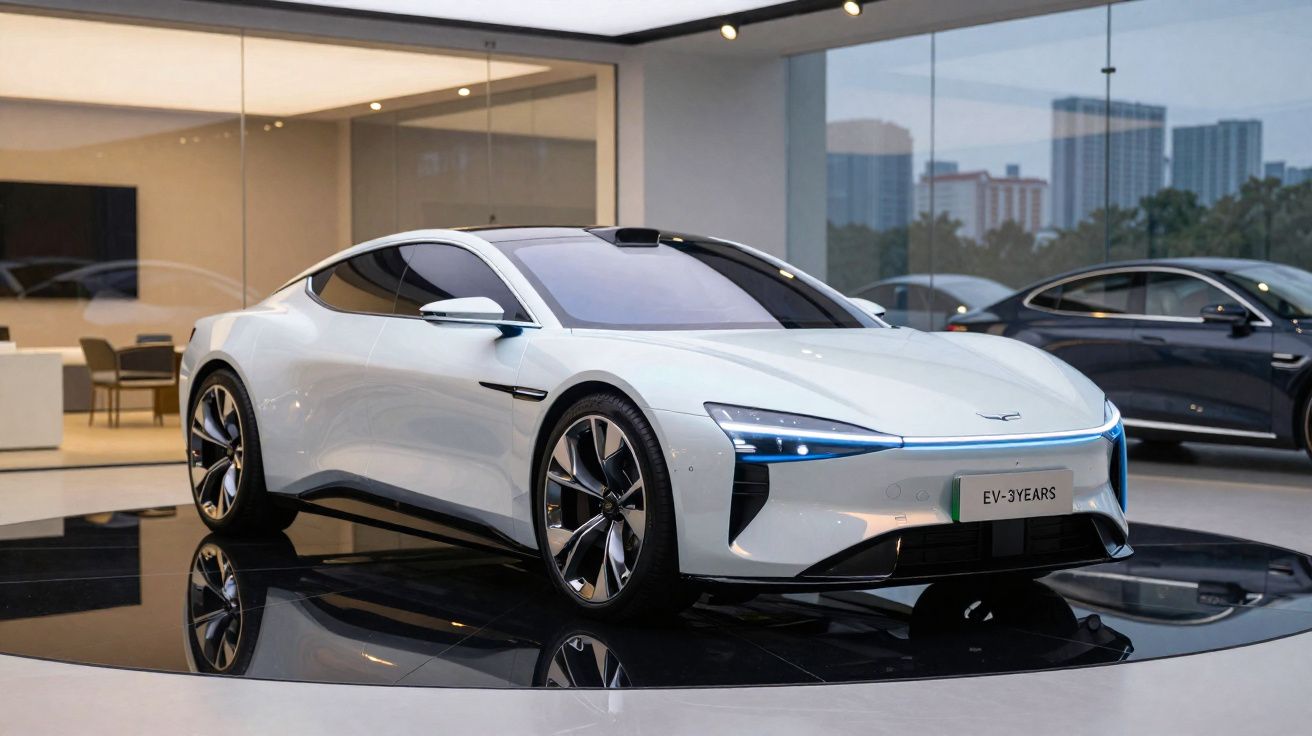 Carro elétrico branco futurista em exposição numa sala moderna com reflexo no chão polido.