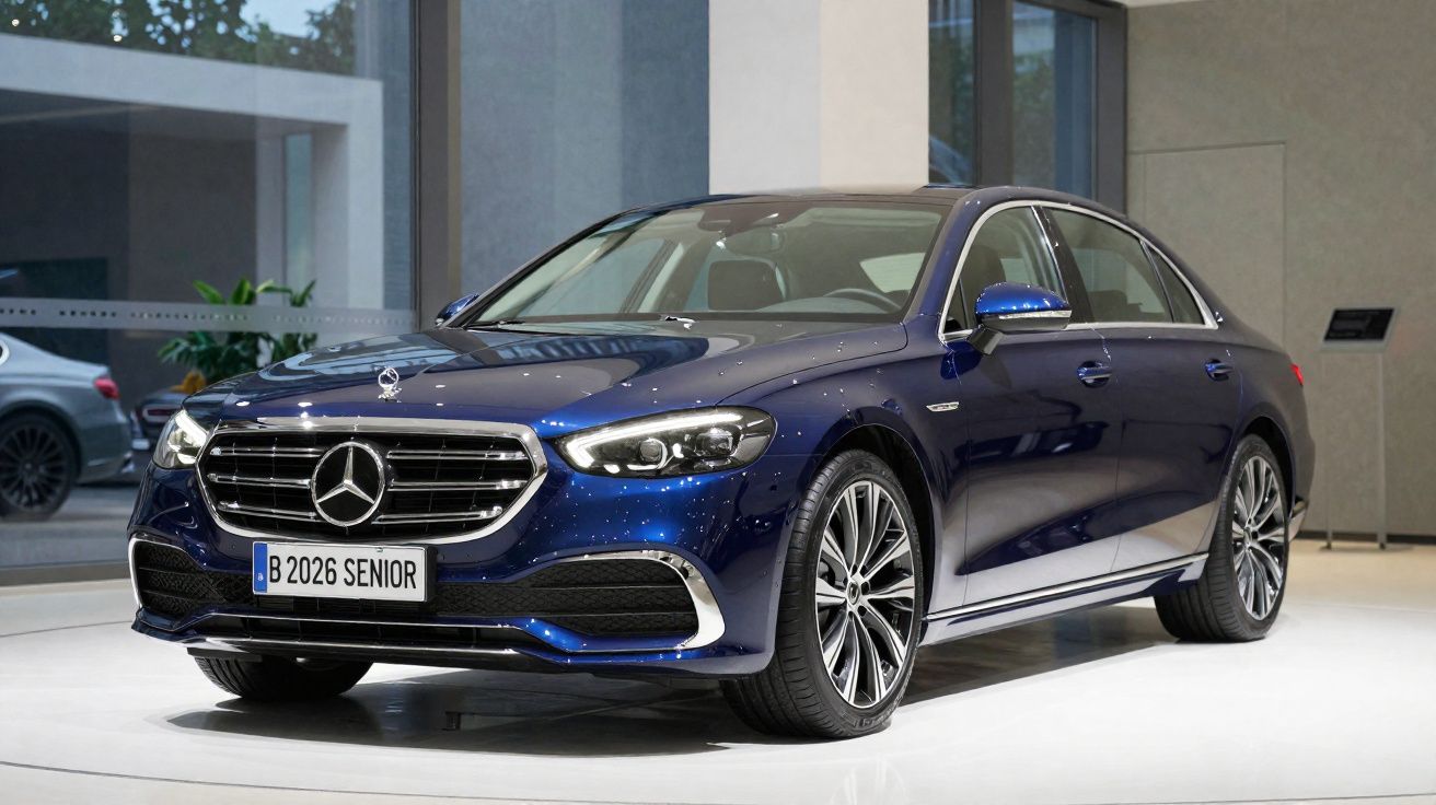 Carro Mercedes-Benz azul escuro estacionado em interior com bancos de couro visíveis.