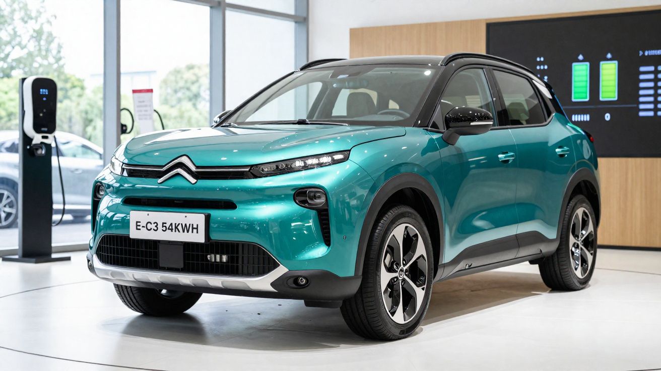 Carro elétrico Citroën E-C3 verde em exposição numa sala com posto de carregamento ao lado.