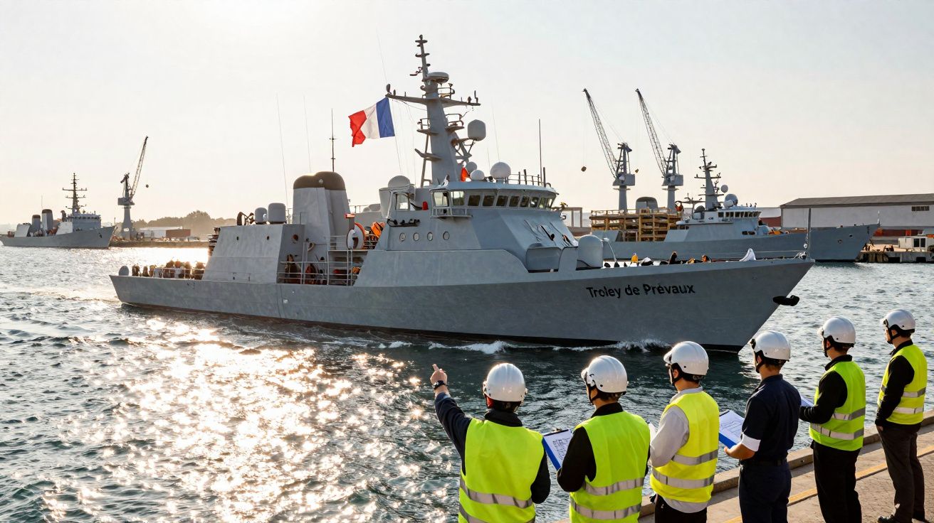 Navio militar francês Troley de Prévaux a navegar junto a cinco homens com coletes e capacetes num cais.