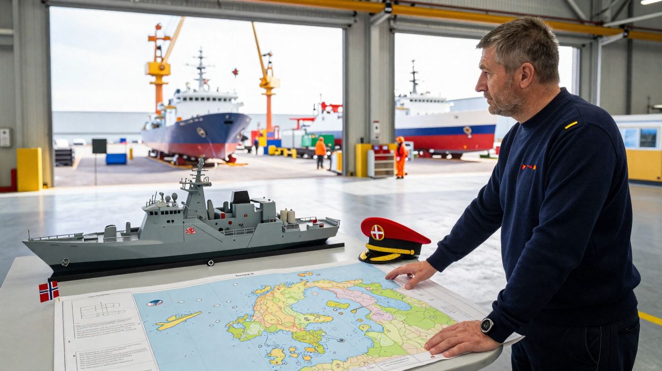 Homem em uniforme naval a analisar mapa náutico e modelo de navio dentro de hangar com barcos ao fundo.