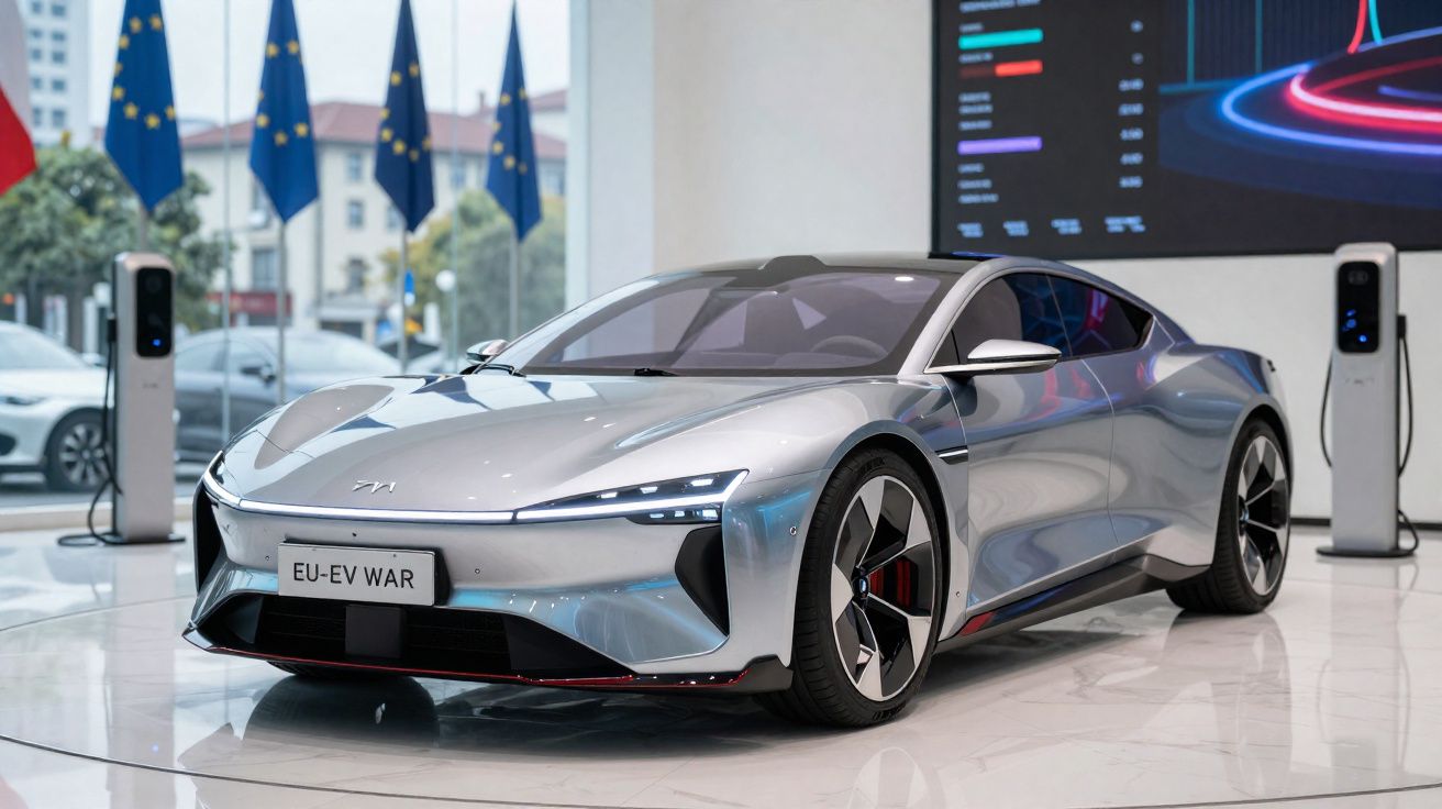 Carro elétrico desportivo prateado em exposição com sinais de carregamento e bandeiras da União Europeia ao fundo.