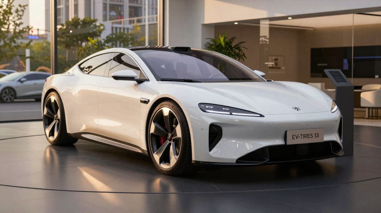 Carro desportivo elétrico branco em exposição numa sala moderna com janelas grandes.