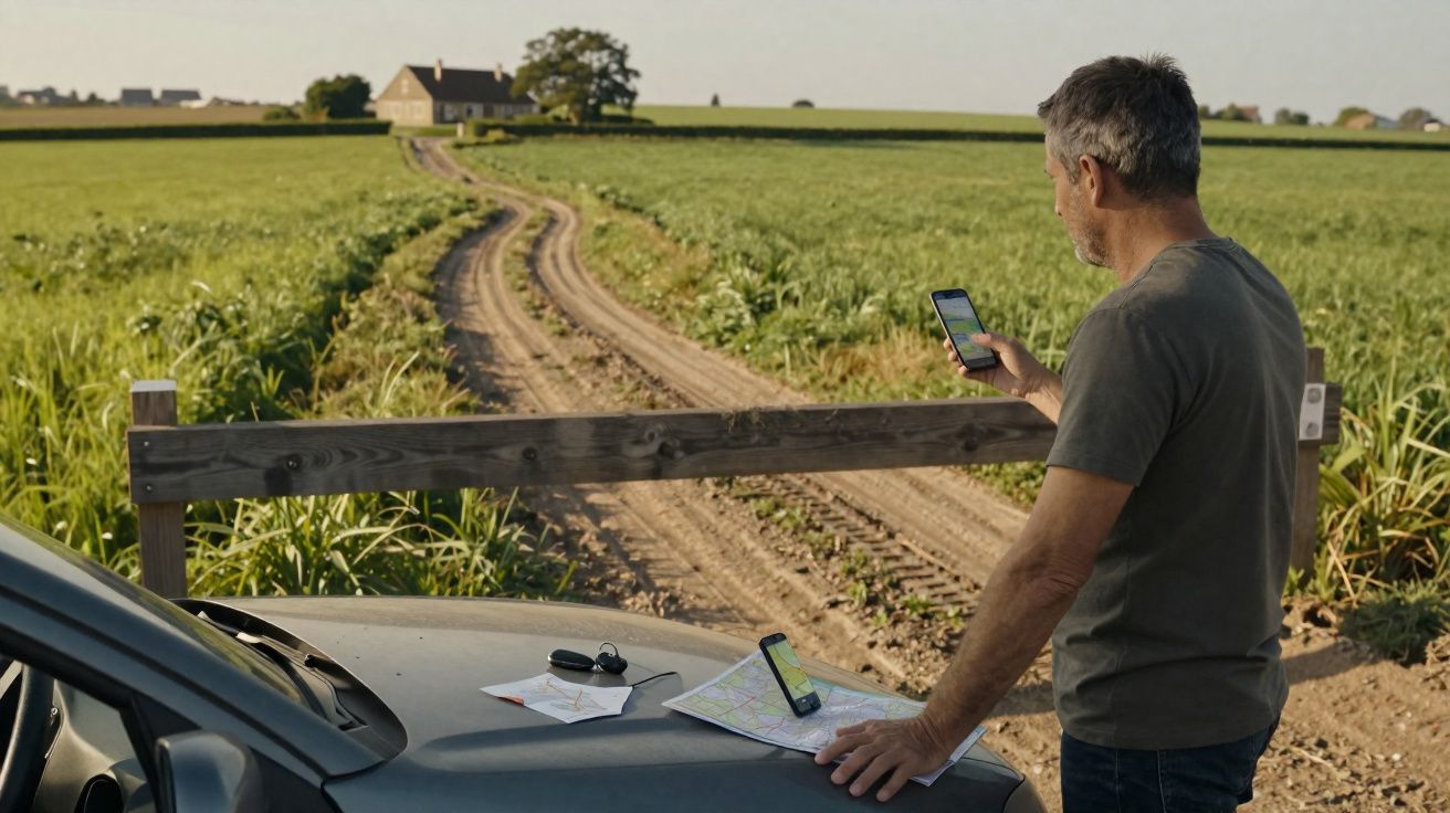 Homem usa telemóvel para se orientar junto a um campo agrícola e estrada rural de terra, com carro estacionado.