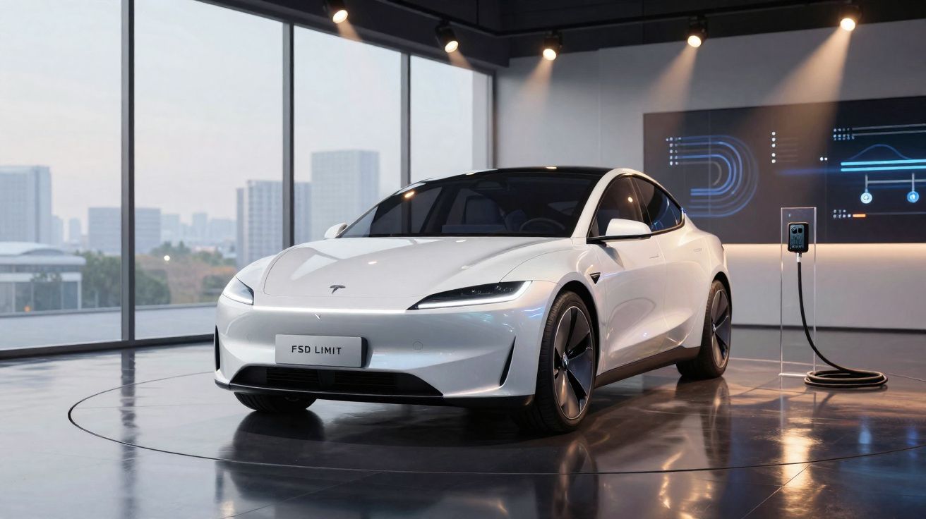 Carro elétrico Tesla branco estacionado em showroom moderno com grandes janelas e posto de carregamento.