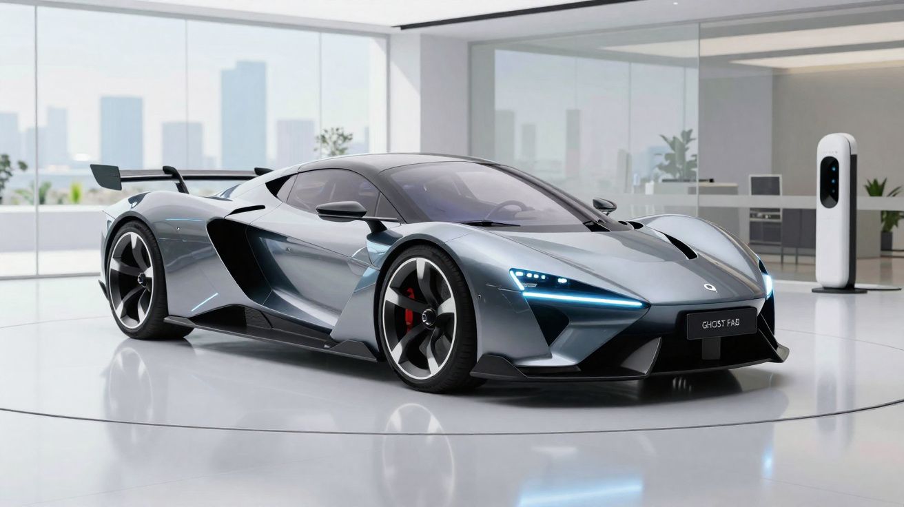 Carro desportivo elétrico cinza metálico com faróis LED azuis estacionado em espaço moderno com carregador elétrico.
