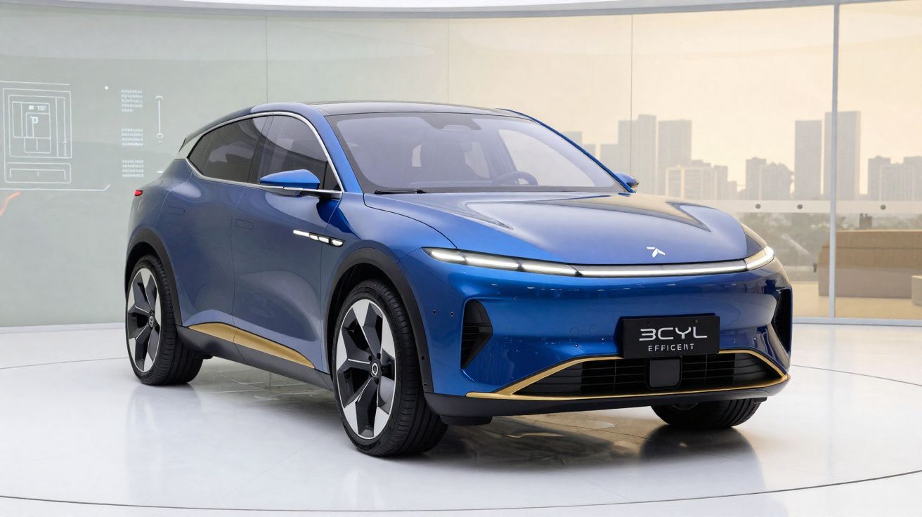 Automóvel elétrico azul com detalhes dourados estacionado em ambiente interior moderno e luminoso.