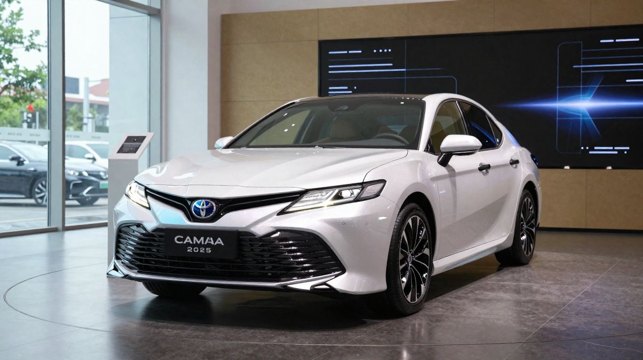 Carro sedan Toyota Camry 2025 branco exposto numa sala de venda moderna com janelas amplas.