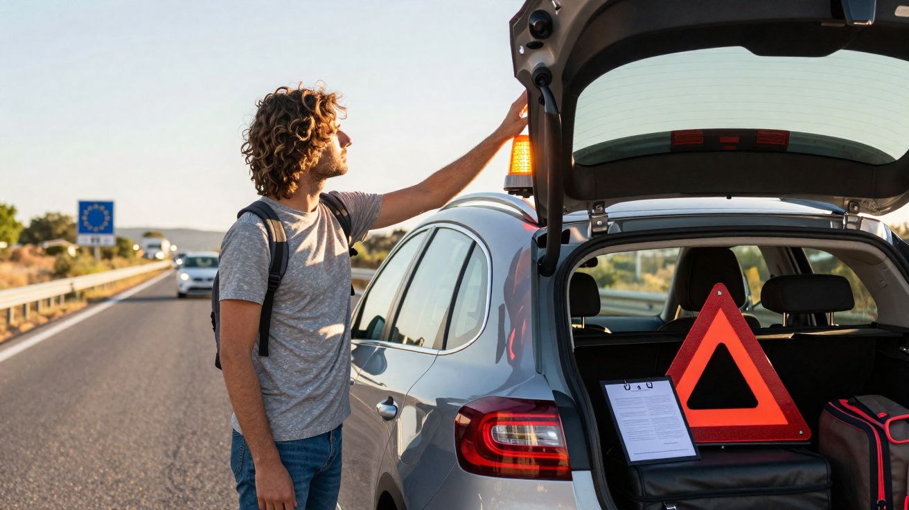Homem com mochila junto a carro avariado com triângulo de sinalização na autoestrada ao pôr do sol.
