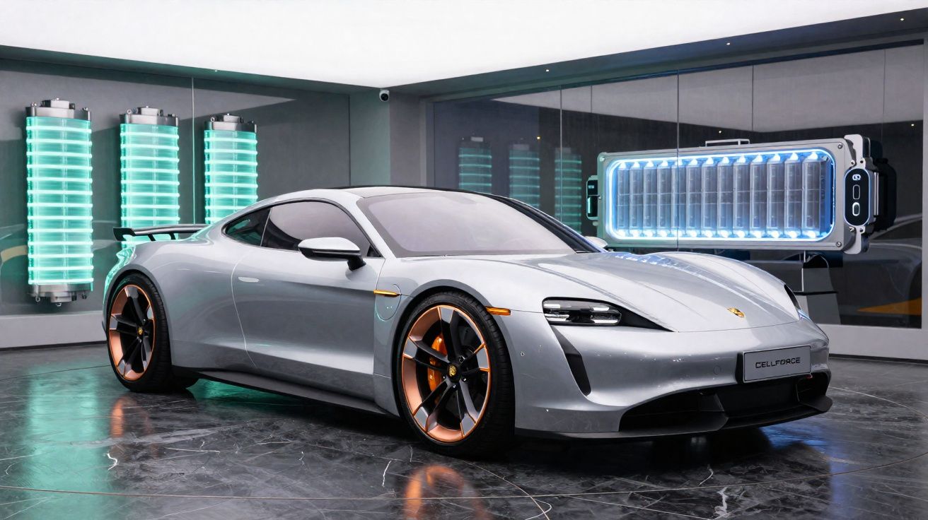 Carro desportivo elétrico cinza estacionado numa garagem moderna com baterias iluminadas ao fundo.