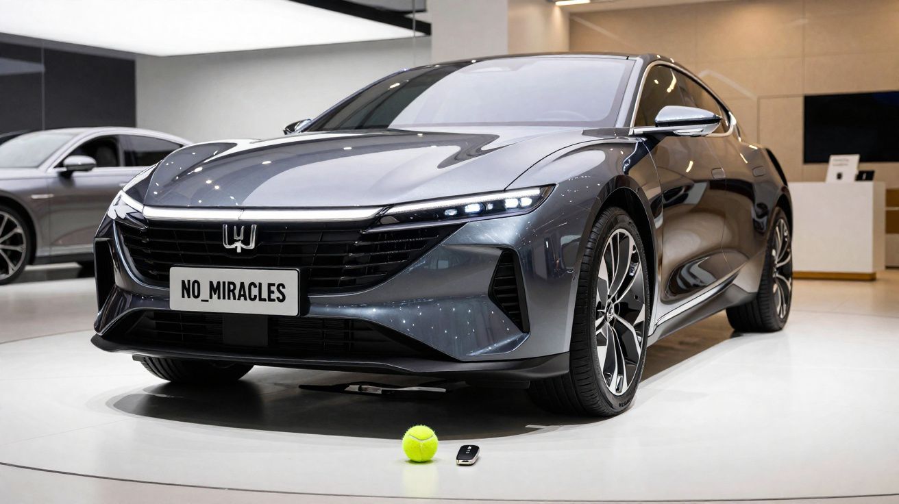 Carro cinzento moderno em exposição com bola de ténis e comando no chão, em ambiente interior sofisticado.