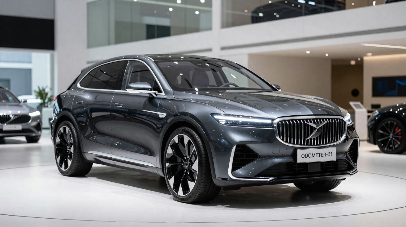 Carro elétrico moderno cinzento Volvo exposto em salão automóvel com iluminação branca e chão polido.