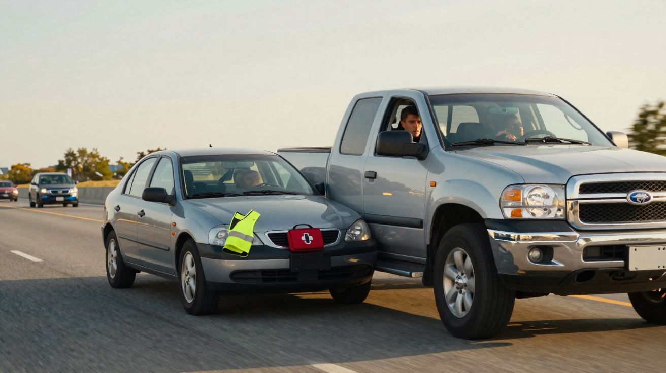 Dois carros a circular numa autoestrada, um com um colete amarelo e um kit de primeiros socorros no para-choques.