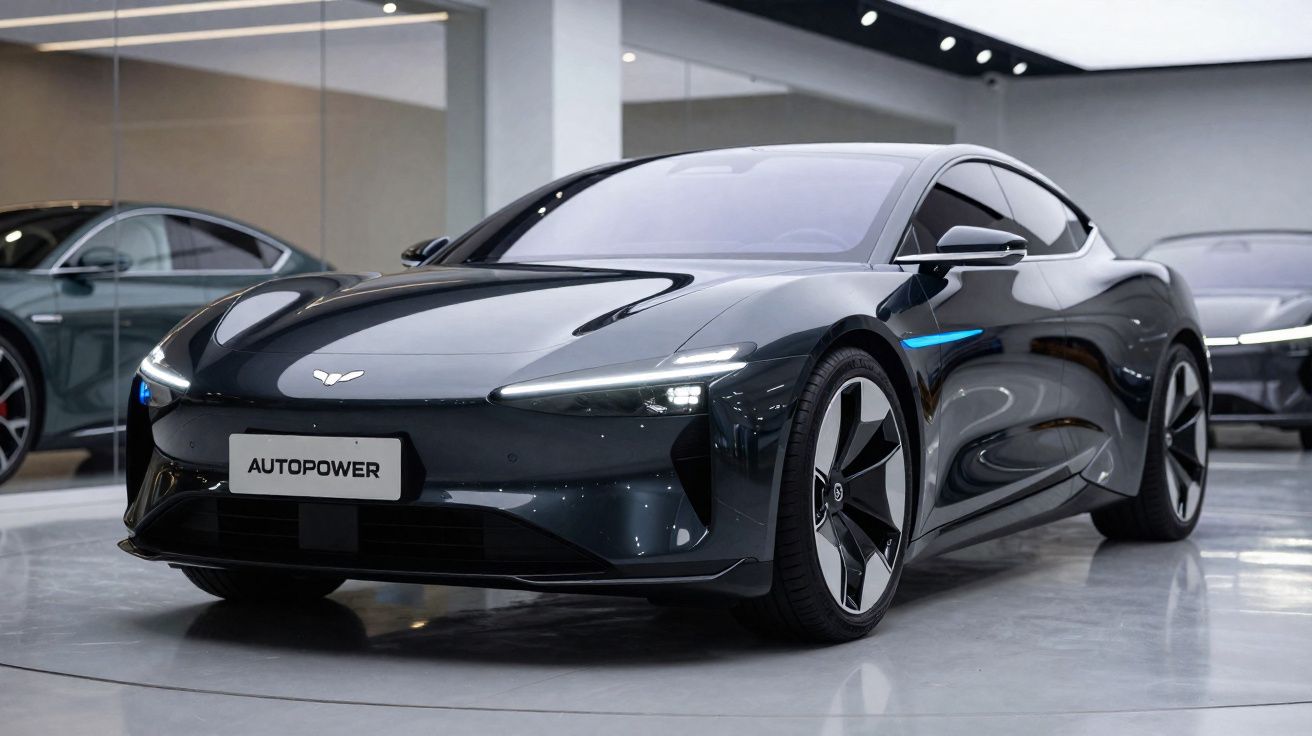 Carro elétrico desportivo cinza escuro estacionado em showroom moderno com piso brilhante.