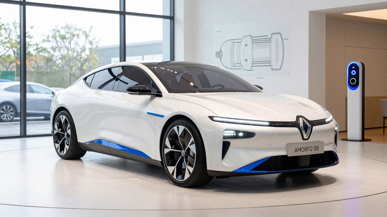 Carro elétrico branco Renault Amorfo 98 exposto em salão com carregador ao lado.