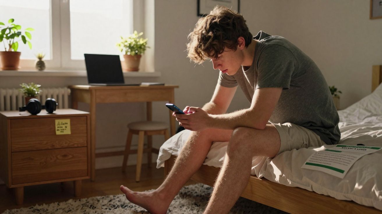 Jovem sentado na cama a olhar para o telemóvel num quarto iluminado com mobília simples e plantas.