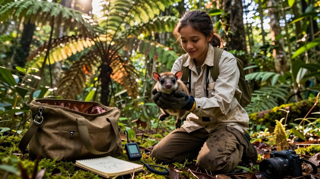 Mulher segurando um pequeno animal numa floresta tropical, rodeada por equipamento de pesquisa e desenho.