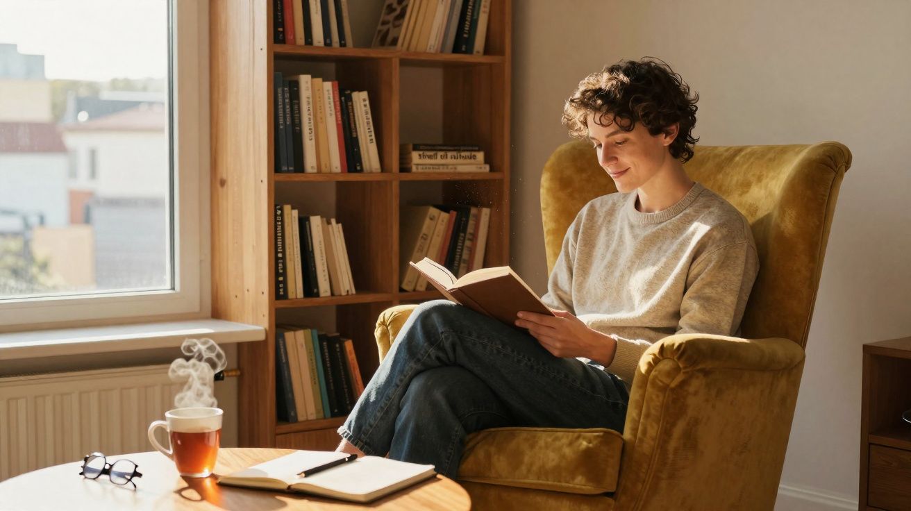 Pessoa jovem sentada numa poltrona amarela a ler um livro, à luz natural junto a uma estante de livros.