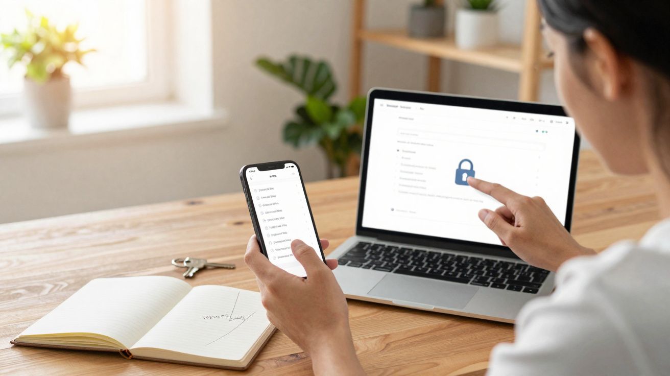 Pessoa a usar smartphone e portátil numa secretária com caderno aberto, a interagir com ecrã de segurança digital.