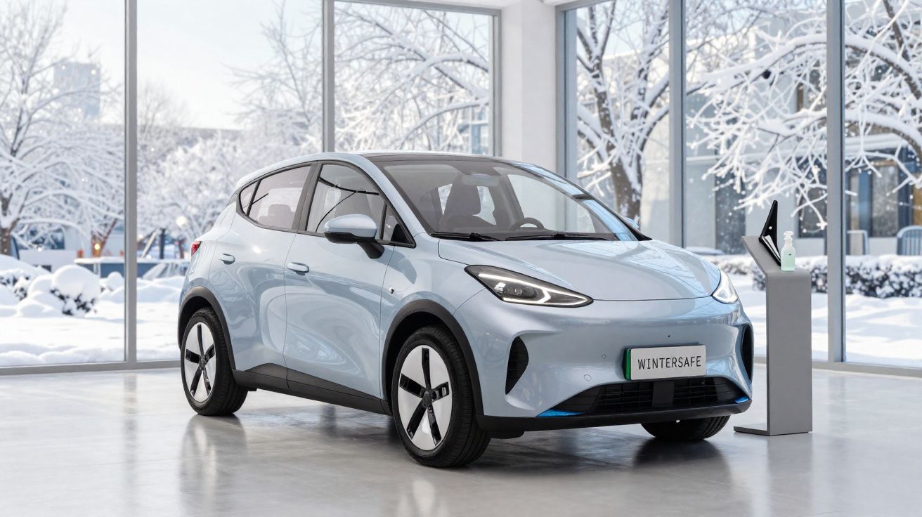 Carro elétrico cinza claro num showroom com janelas grandes e paisagem de inverno com neve visível.