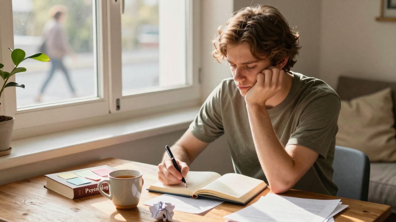 Jovem sentado à mesa a escrever num caderno, com livros, chá e papéis espalhados à volta.