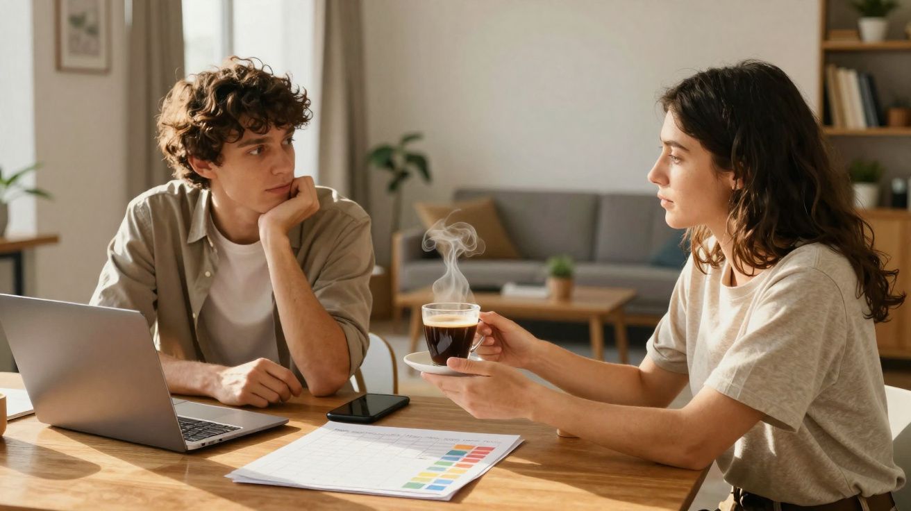 Duas pessoas numa conversa à mesa com documentos, portátil e chá quente, ambiente descontraído em sala de estar.