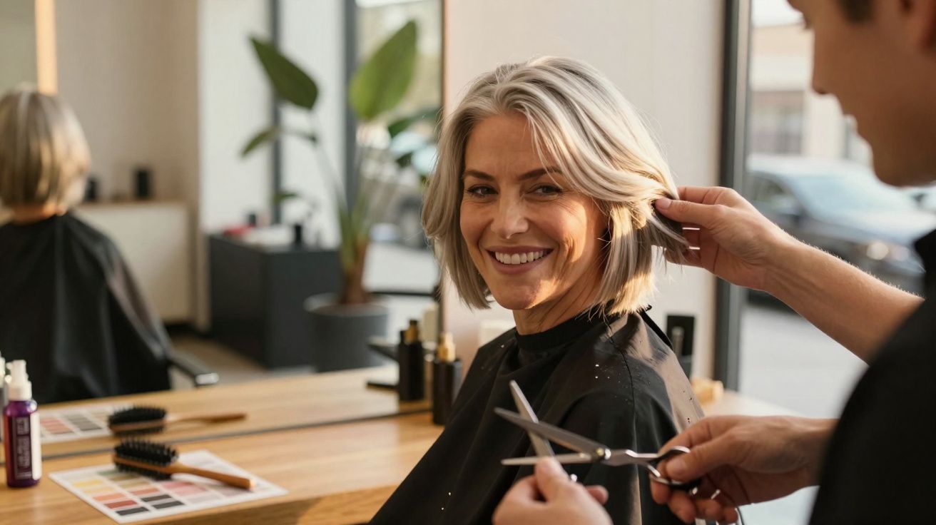 Mulher sorridente a cortar o cabelo num salão de beleza, com espelho e produtos ao fundo.