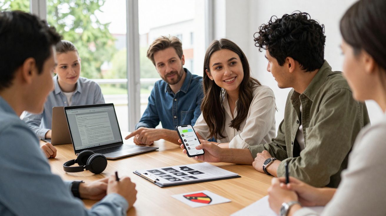 Grupo de jovens em reunião de trabalho, analisando conteúdos num smartphone e laptop numa sala iluminada.